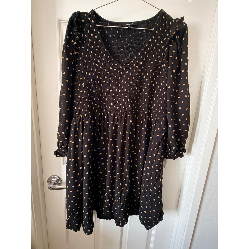 Madewell Smocked Mini Dress Black Polka Dot V-Neck Long Sleeve Ruffle 1X